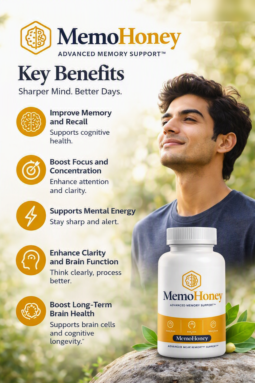 MemoHoney key benefits — memory and recall, focus and concentration, mental energy, clarity and long-term brain health
