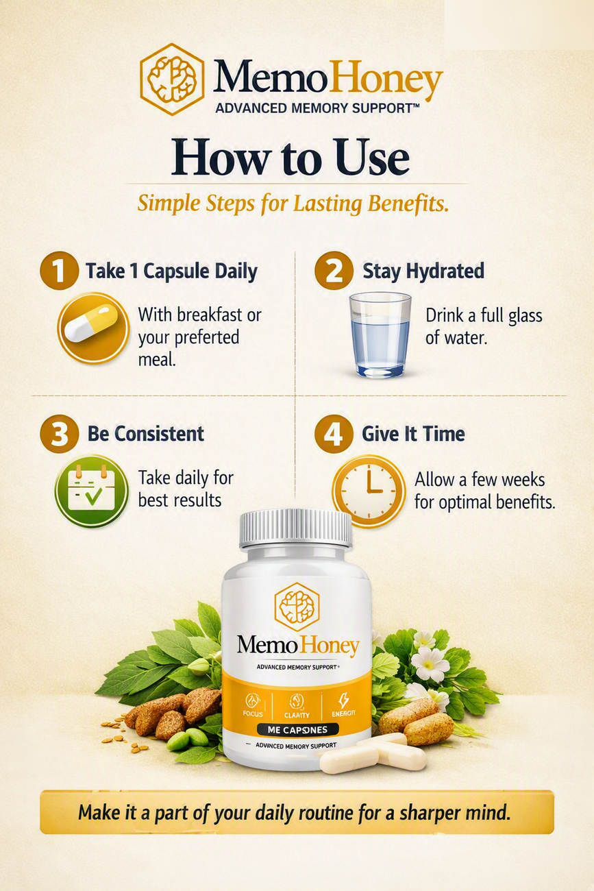 How to use MemoHoney — one capsule daily with water, stay consistent, allow time